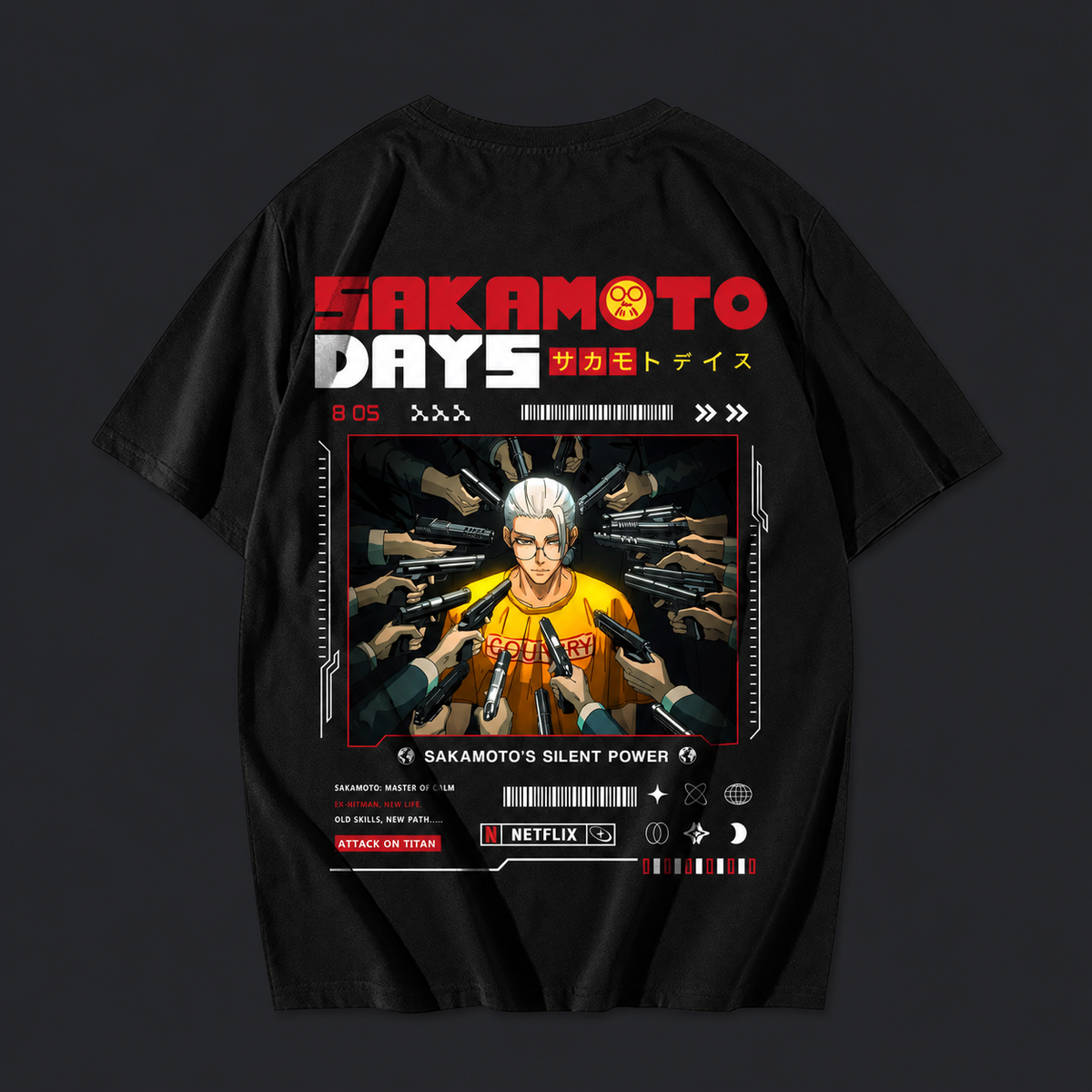 Remera Sakamoto Days – Silent Power – espalda